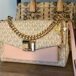 Michael Kors Beige Logo Crossbody with Pink Trim & Gold Chain